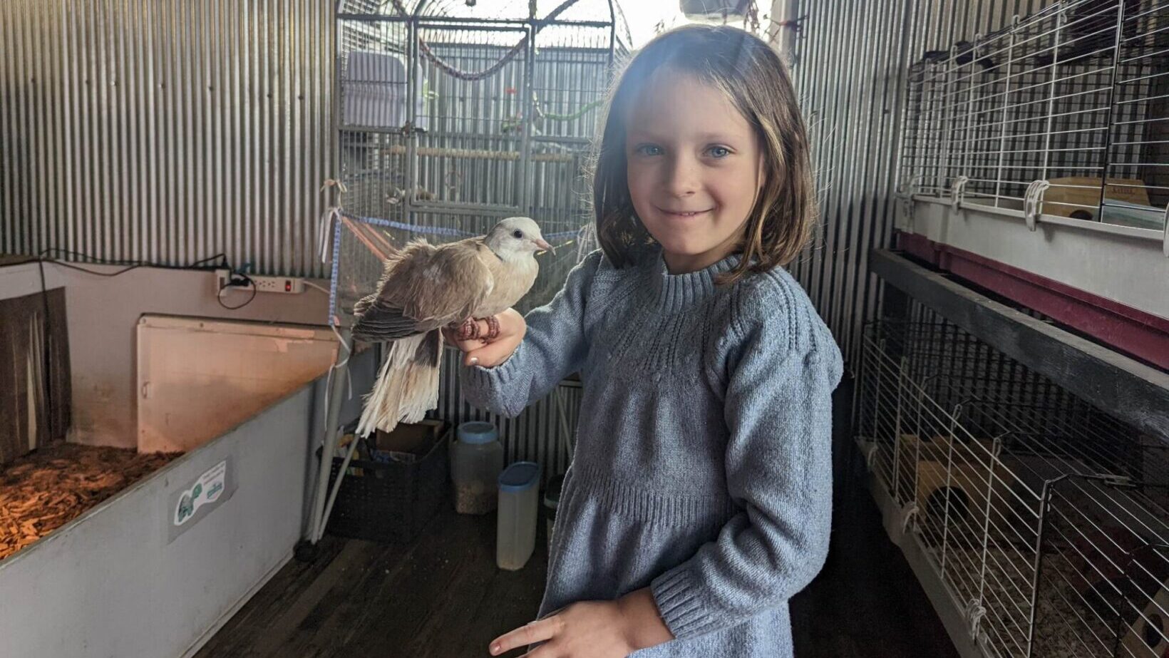 Annabella with a dove sitting on her finger.