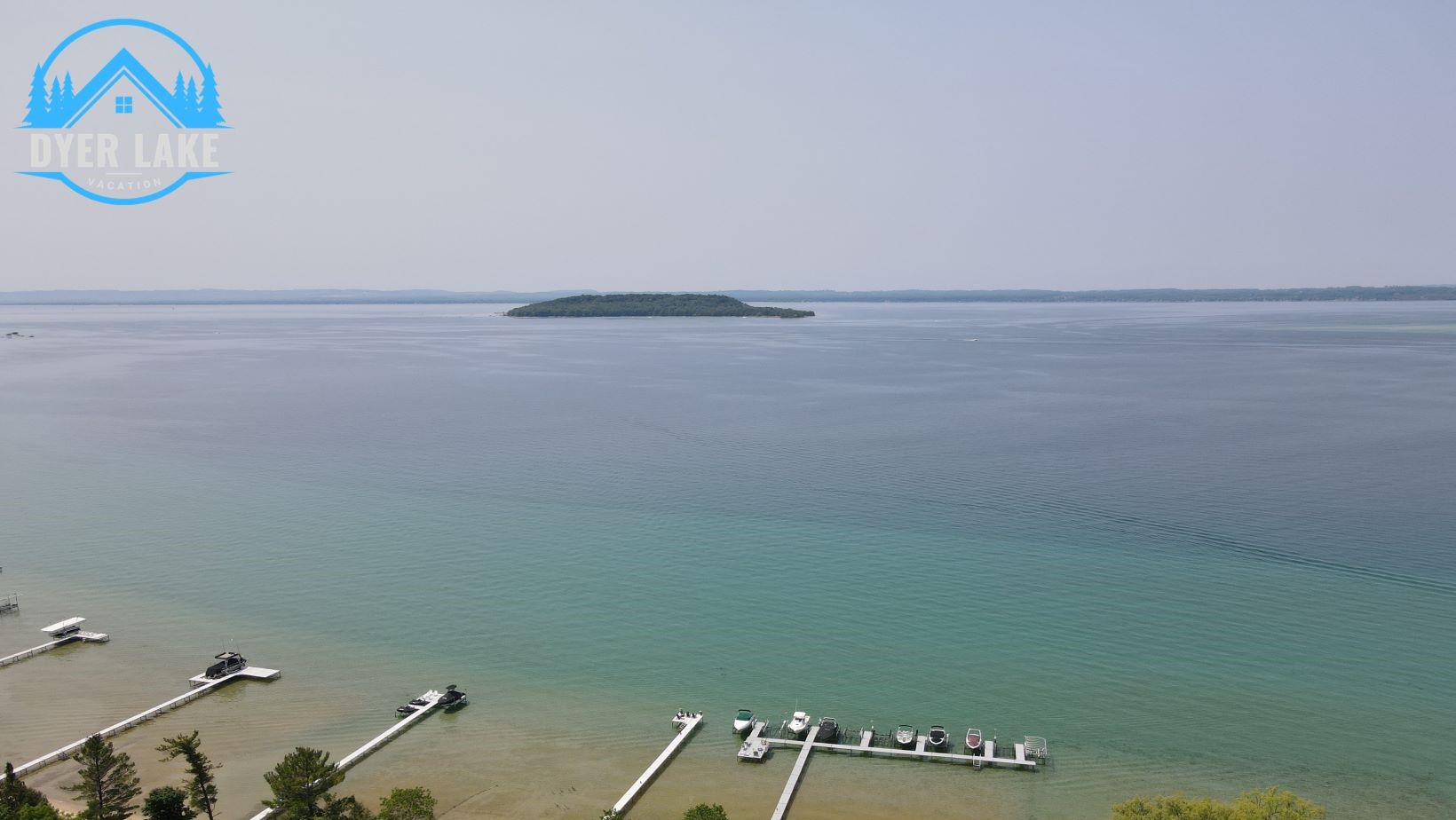 Aerial view of Powers Island in West Bay from Bowers Harbor